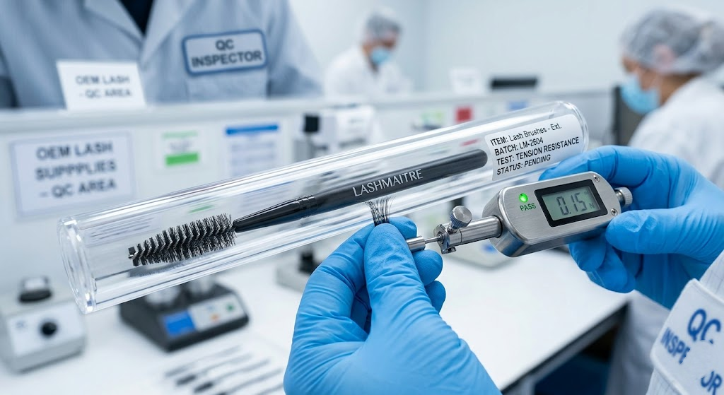 Macro photography taken inside a B2B factory quality control lab, focusing on an inspector evaluating the durability and tension resistance of an eyelash brush for eyelash extensions resting inside a sterile acrylic tube, ensuring consistency for OEM products.