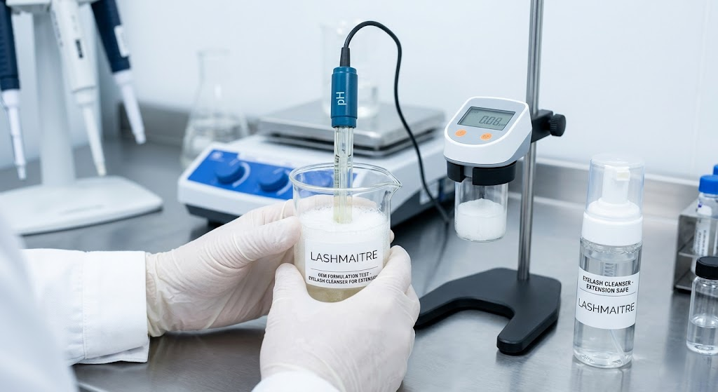 Macro photography of a sterile B2B laboratory technician testing the pH balance and foam density of a professional-grade eyelash cleanser for extensions for OEM manufacturing.