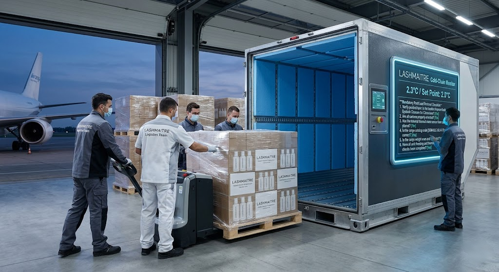 Factory logistics team securing pallets of custom-branded eyelash cleanser for extensions into thermal-insulated air cargo containers to protect liquid formulation stability during high-altitude global transit.