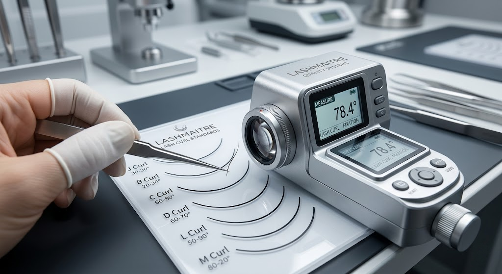 A macro photography shot of a B2B factory quality assurance technician using a digital optical protractor to verify the precise sweep angle of a PBT synthetic lash against a standardized eyelash extension curl chart template for manufacturing consistency.