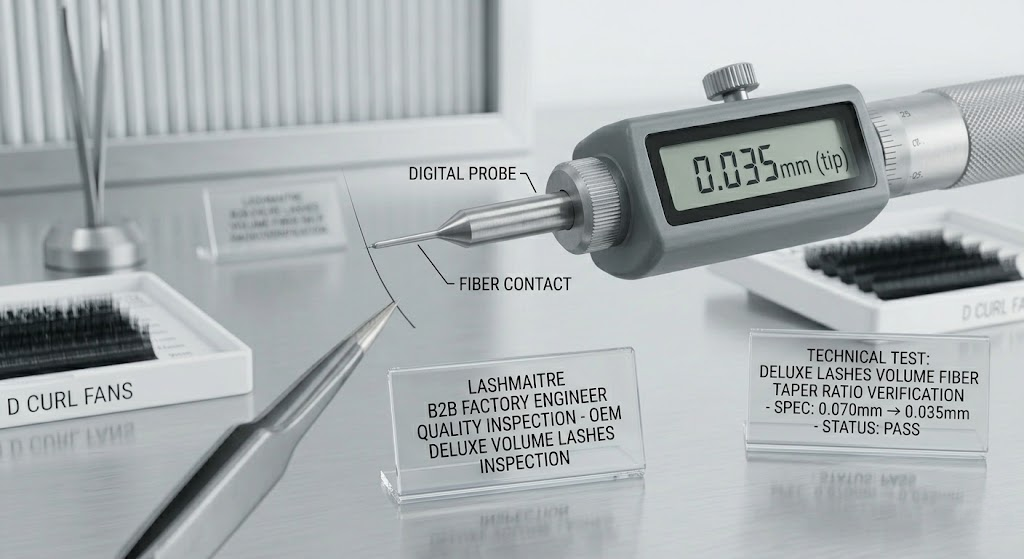 A LASHMAITRE B2B factory engineer uses a digital micrometer to inspect the precise micro-taper ratio of an individual eyelash extension deluxe lashes volume fiber on a sterile quality control table.