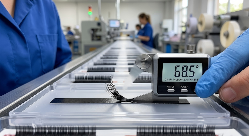 Macro shot of a LASHMAITRE quality control technician using a digital protractor to precisely measure the sweep angle of an eyelash extension fan d curl on a B2B factory production line.
