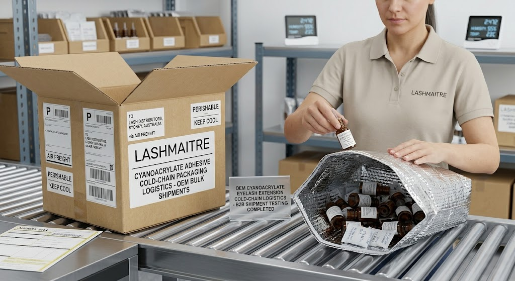 A LASHMAITRE logistics worker packing an eyelash extension glue sampler into a reflective thermal insulation bag with silica gel for temperature-controlled international shipping.