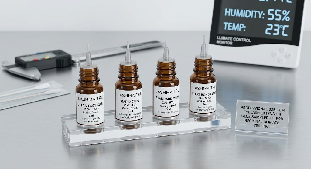 A professional LASHMAITRE eyelash extension glue sampler kit featuring four 3ml bottles with varying curing speeds, displayed on a stainless steel lab table for regional climate testing.