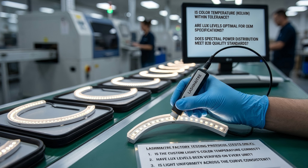 A macro close-up of a blue-gloved hand using a spectral power probe to test an illuminated custom half-moon LED strip. In the background, a computer monitor and a paper checklist clearly display explicit quality control questions for custom *eyelash extension lights*, including testing color temperature and lux output on an assembly line.