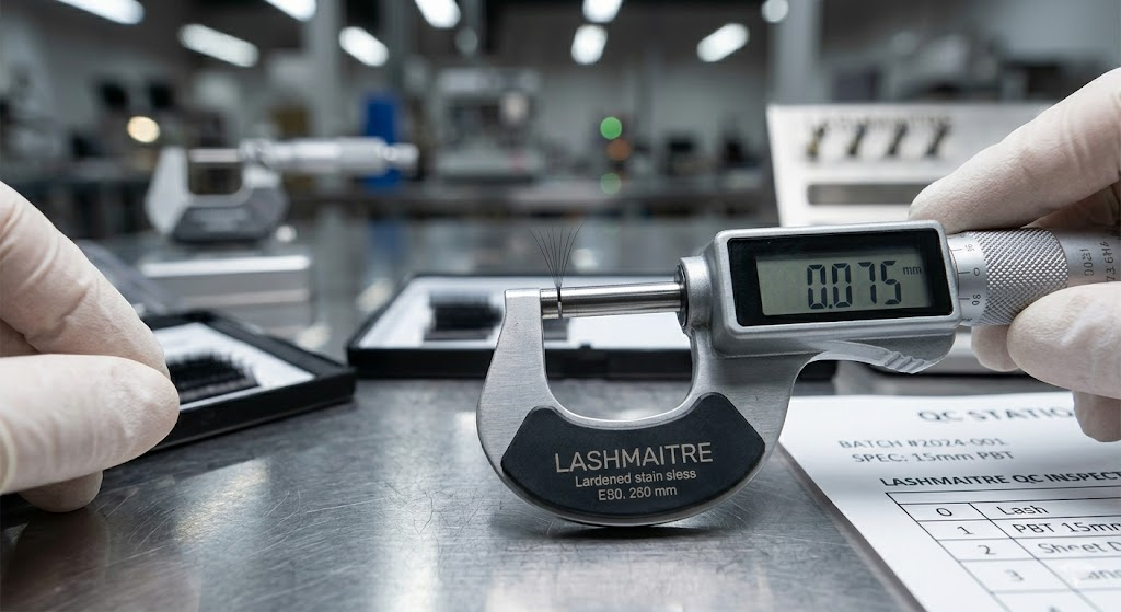 A detailed macro photograph of a digital micrometer precisely measuring the base diameter of individual professional PBT volume **eyelash extensions 15mm** in length on a factory quality control table.