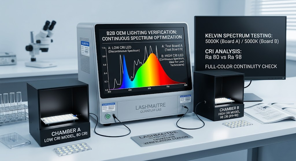 A professional laboratory setup at LASHMAITRE factory comparing low CRI and high CRI LED spectra to ensure the manufacturing of the best eyelash extension lighting for OEM distributors.
