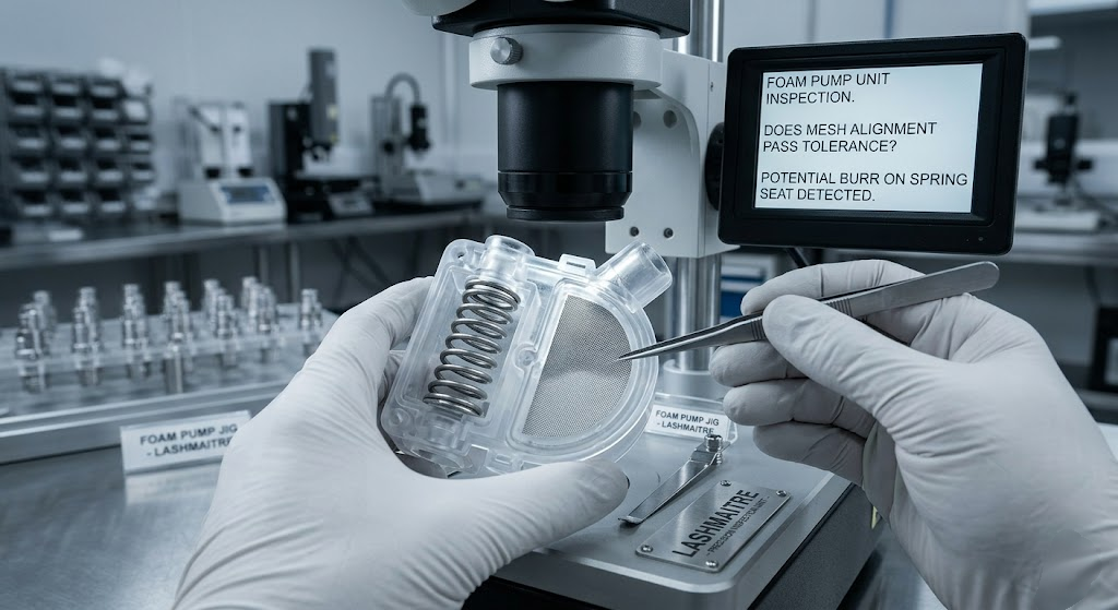 Rigorous quality control inspection of the internal micro-mesh screen and isolated spring mechanism inside a premium foaming pump head, engineered specifically for our OEM eyelash cleanser for extensions.