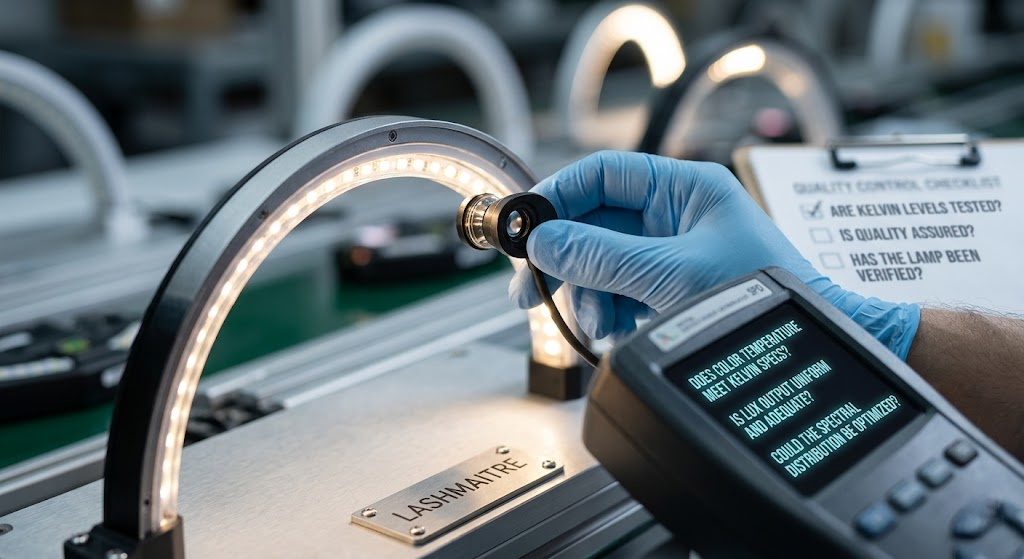 A macro photography shot of a B2B factory technician using a spectral power distribution tester to evaluate the color temperature and lux output of a custom half-moon eyelash extension led lamp on a LASHMAITRE production line.