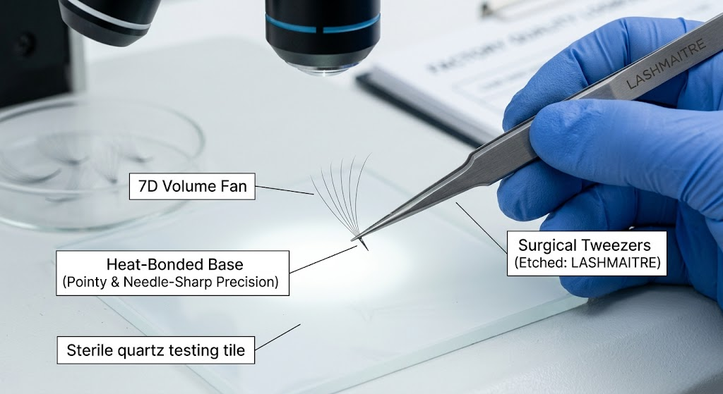 A LASHMAITRE B2B quality control engineer using surgical tweezers to inspect the needle-sharp heat-bonded base of 7d eyelash extension fans on a sterile quartz testing tile.