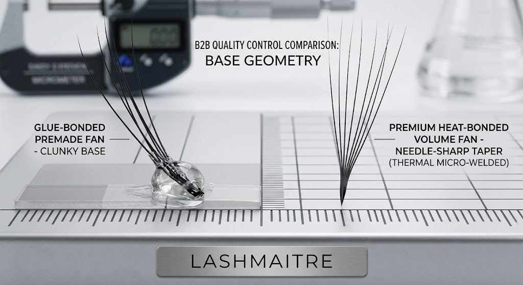 A high-resolution B2B macro photograph comparing a bulky, clunky glue-bonded premade lash fan to a thin, sharp heat-bonded premade volume fan, highlighting the superior base geometry that makes the heat-bonded model one of the best premade fans eyelash extensions for professional application.