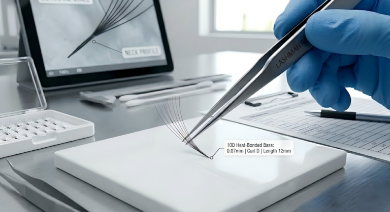 A LASHMAITRE B2B quality control engineer uses surgical tweezers to inspect the needle-sharp, heat-bonded base of a 10D volume fan, showcasing the manufacturing standards of the best premade fans eyelash extensions.