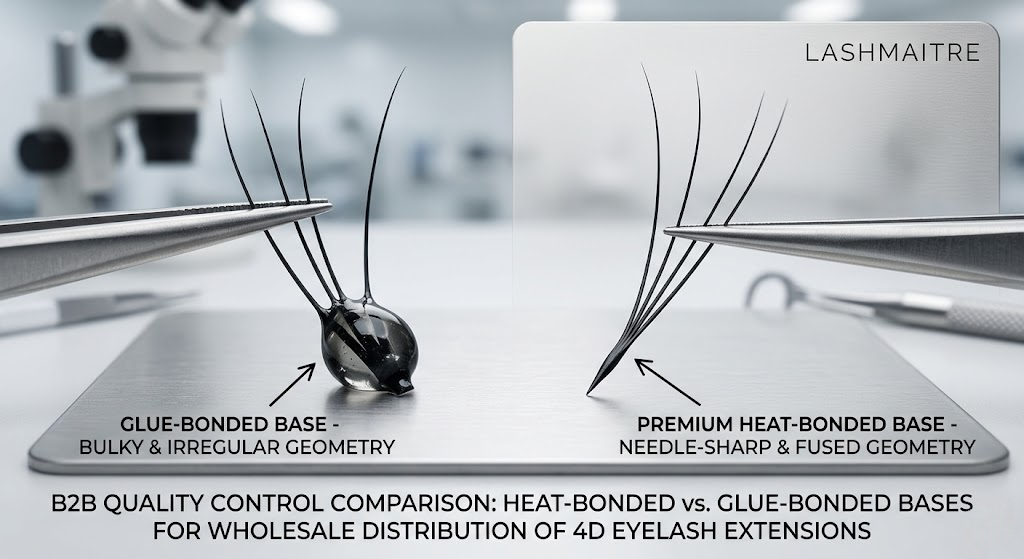 A high-resolution B2B macro comparison showcasing a bulky glue-bonded lash fan next to a premium, needle-sharp heat-bonded 4D eyelash extension fan, highlighting the superior base geometry of the LASHMAITRE thermal micro-welded model.