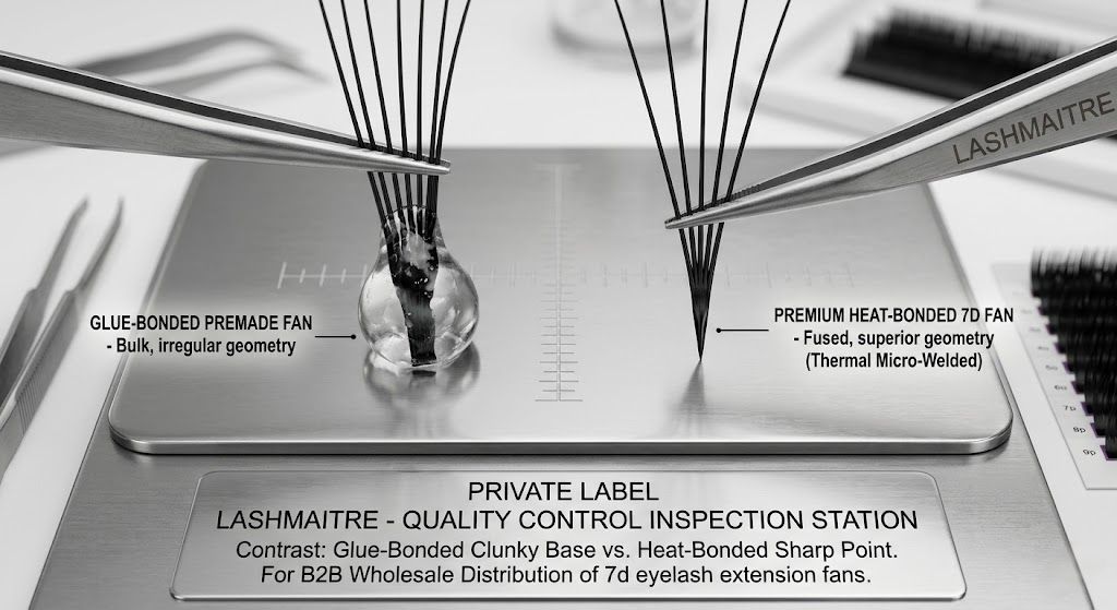 A high-resolution B2B macro comparison showcasing a bulky glue-bonded lash fan next to a premium, needle-sharp heat-bonded 7d eyelash extension fan, highlighting the superior base geometry of the LASHMAITRE thermal micro-welded model.
