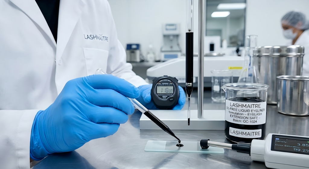 Macro photograph of a gloved laboratory technician testing the precise viscosity and deep pigment density of an oil-free, liquid eyelash extension safe eyeliner in a B2B cosmetic manufacturing facility.