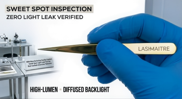 A LASHMAITRE technician performs a high-lumen light leak test on gold-plated volume tweezers to ensure a gap-free sweet spot for picking up the best premade fans eyelash extensions.