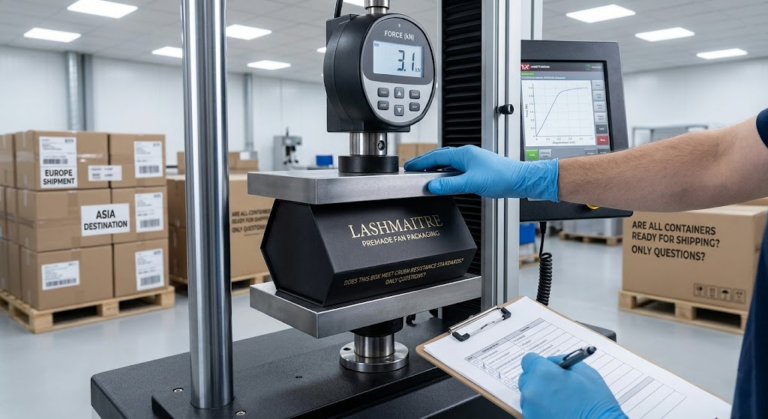 A factory quality assurance inspector testing the crush resistance of custom matte-black eyelash extension packaging to ensure product safety during bulk international shipping.