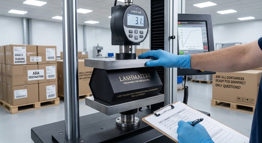 A factory quality assurance inspector testing the crush resistance of custom matte-black eyelash extension packaging to ensure product safety during bulk international shipping.