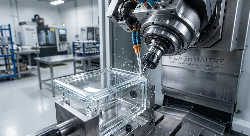 Macro photography of a high-precision CNC machine finishing the beveled edges of a medical-grade glass eyelash extension tray holder in a professional B2B manufacturing facility.
