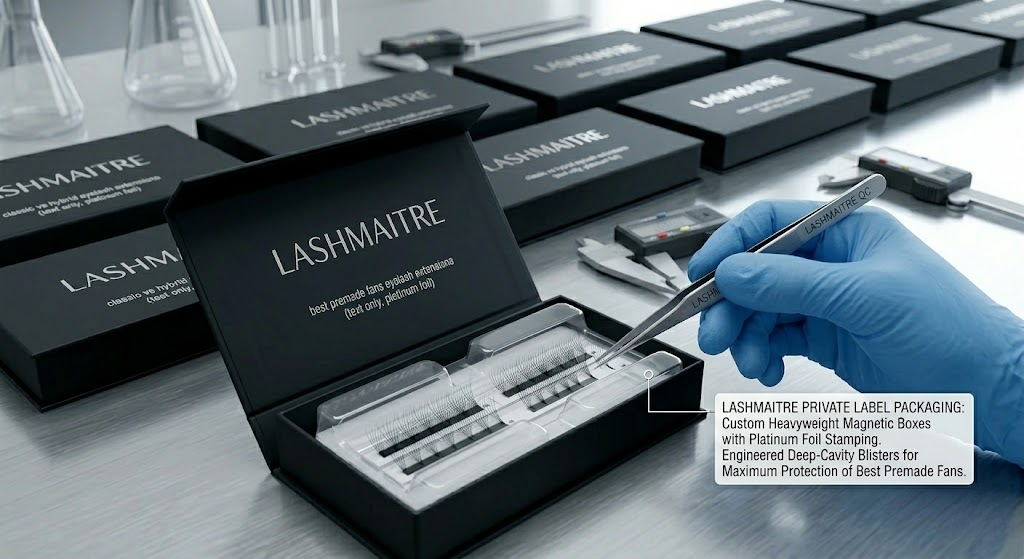 A LASHMAITRE quality control worker inspecting custom heavyweight magnetic lash boxes with platinum foil text-only logos, designed with deep-cavity blisters to safely house the best premade fans eyelash extensions for international wholesale distribution.