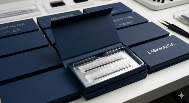 Bespoke magnetic lash boxes featuring the LASHMAITRE text-only logo and deep-cavity blisters designed to protect premium OEM 7d eyelash extension fans on foil-backed strips.