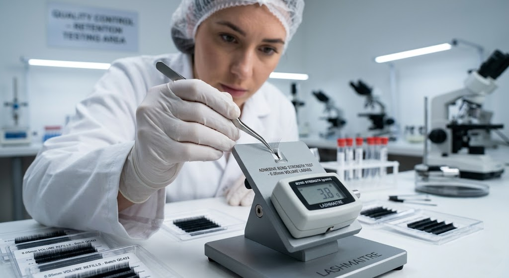 Macro photography of a B2B factory technician testing the adhesive bond strength of 0.05mm volume lashes to guarantee high retention, a quality metric that directly influences eyelash extension refill prices.