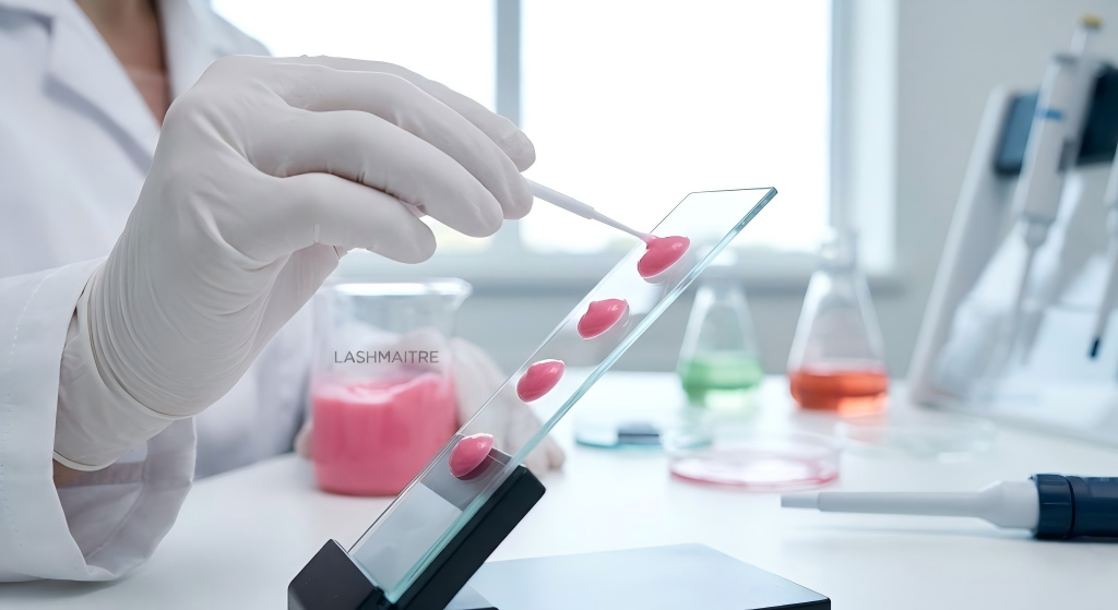 A laboratory technician testing the zero-drip stability and viscosity of a pink strawberry-scented eyelash extension removal cream on an angled glass slide for OEM quality control.