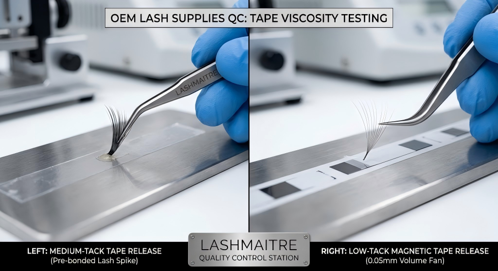 A split-screen macro B2B image showing a LASHMAITRE technician testing medium-tack tape for pre-bonded lash spikes and low-tack magnetic tape for 0.05mm volume fans, ensuring optimal material quality for specialized anna eyelash extensions.