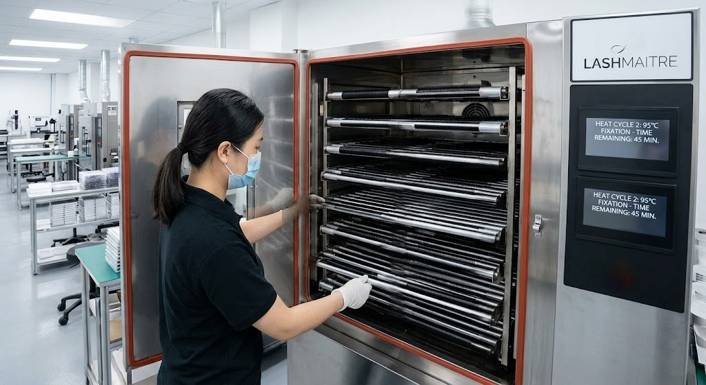 A wide shot of an industrial thermal convection oven at the LASHMAITRE B2B factory, showcasing the highly regulated double-heating thermal fixation process for our OEM eyelash extension deluxe lashes volume catalog.