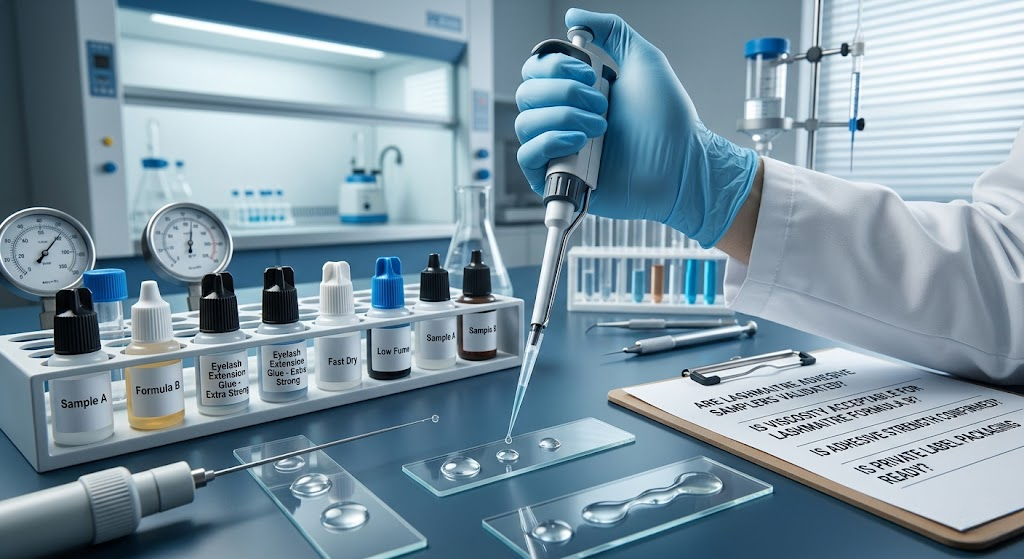 Macro photography of a B2B laboratory technician using a micro-pipette to test the viscosity of various cyanoacrylate formulations within an eyelash extension glue sampler under strict climate-controlled conditions.