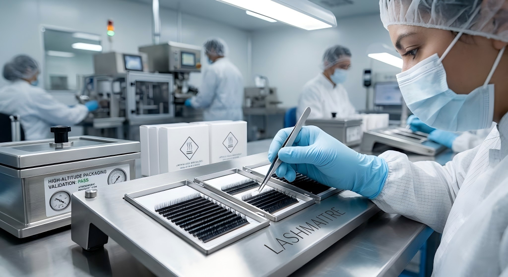 A close-up photograph of a factory quality control worker inspecting individual 0.05mm volume lash trays engineered for high-altitude distribution, ensuring premium product integrity for professional eyelash extensions available in Carson City, NV.