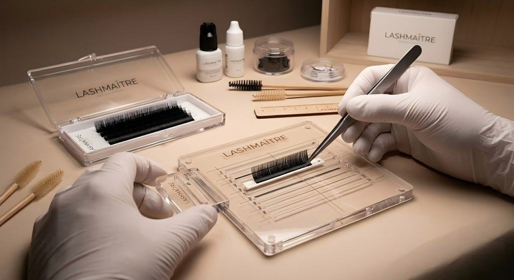 Macro photography of a skilled B2B factory technician using isolation micro-tweezers to evaluate the tape strip viscosity of ultra-fine 0.05mm individual volume lashes, engineered for reliable performance in humid climates, for an OEM order serving professional suppliers of premium eyelash extensions buford ga.