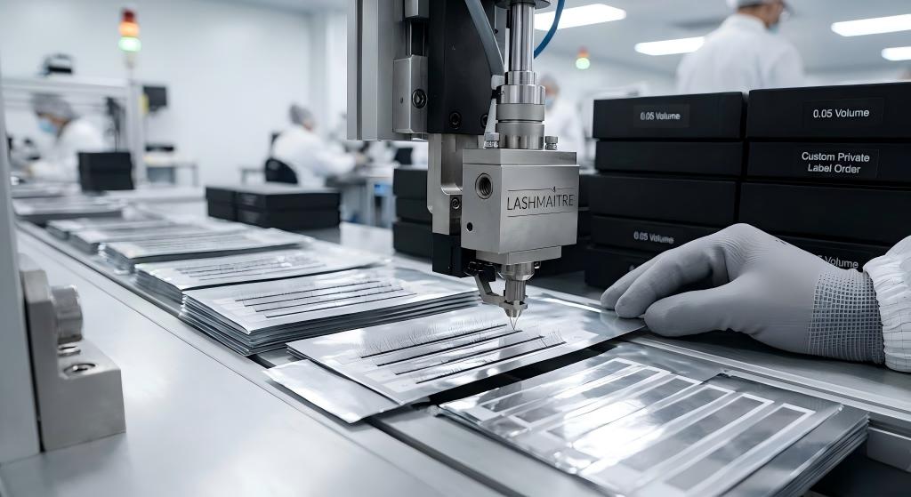 A precision B2B factory production line showing the meticulous alignment of 0.05mm volume lashes on silver foil strips, specifically manufactured for professional salons offering eyelash extensions columbia mo, featuring LASHMAITRE minimalist text-only custom packaging.