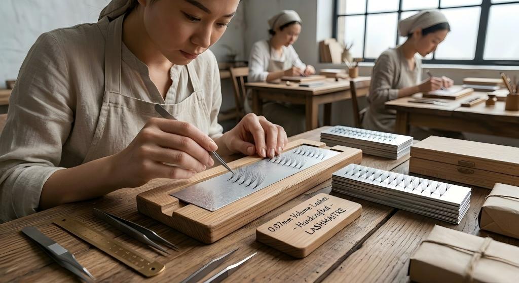 A detailed macro view inside a cleanroom B2B factory, showcasing a precision technician using micro-tweezers to meticulously align microscopic 0.07mm volume lash fans onto specialized silver foil strips, prior to custom branding and packaging for eyelash extensions eau claire wi. Trays of components and unprinted packaging containers are discernible in the clean production environment.