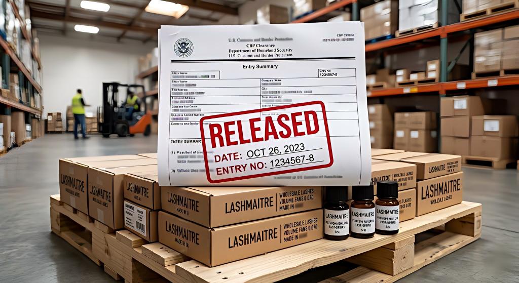 A pristine, hyper-detailed macro photograph of an official US Customs and Border Protection (CBP) clearance document stamped "RELEASED," resting atop a pallet of custom wholesale lash boxes and fractionally distilled adhesives safely housed inside our Los Angeles fulfillment center.