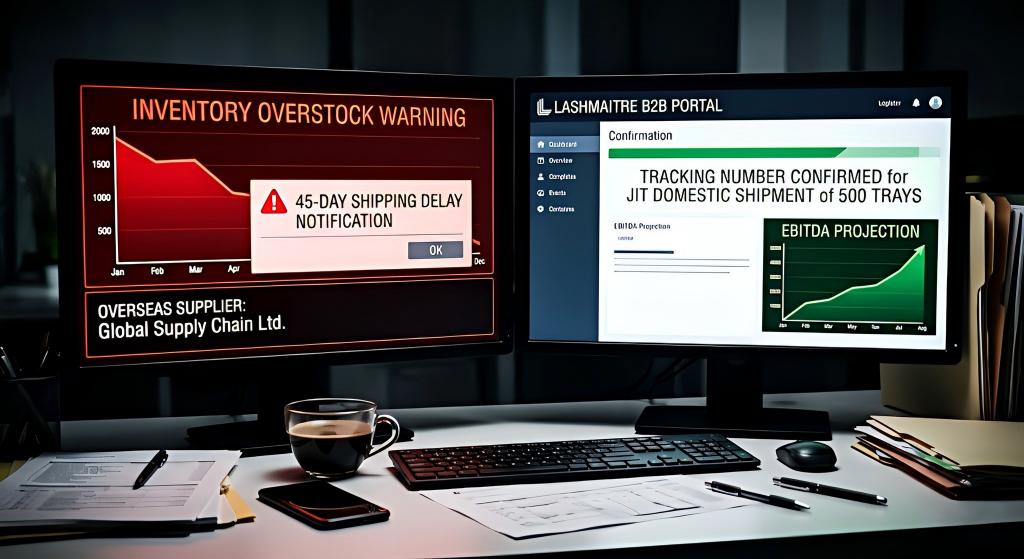 Dual-monitor setup showing contrast: Left monitor displays a red chart with an inventory overstock warning and an overseas delay notice; Right monitor displays the LASHMAITRE B2B portal with a JIT domestic shipment confirmation and an upward-trending green EBITDA graph.