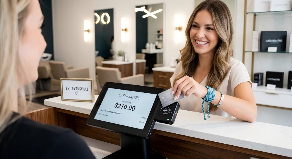 A radiant client completing a transaction at a modern POS terminal in a high-end salon for professional eyelash extensions evansville services. She holds a credit card and wears a LASHMAITRE Water Element Lucky Bracelet.