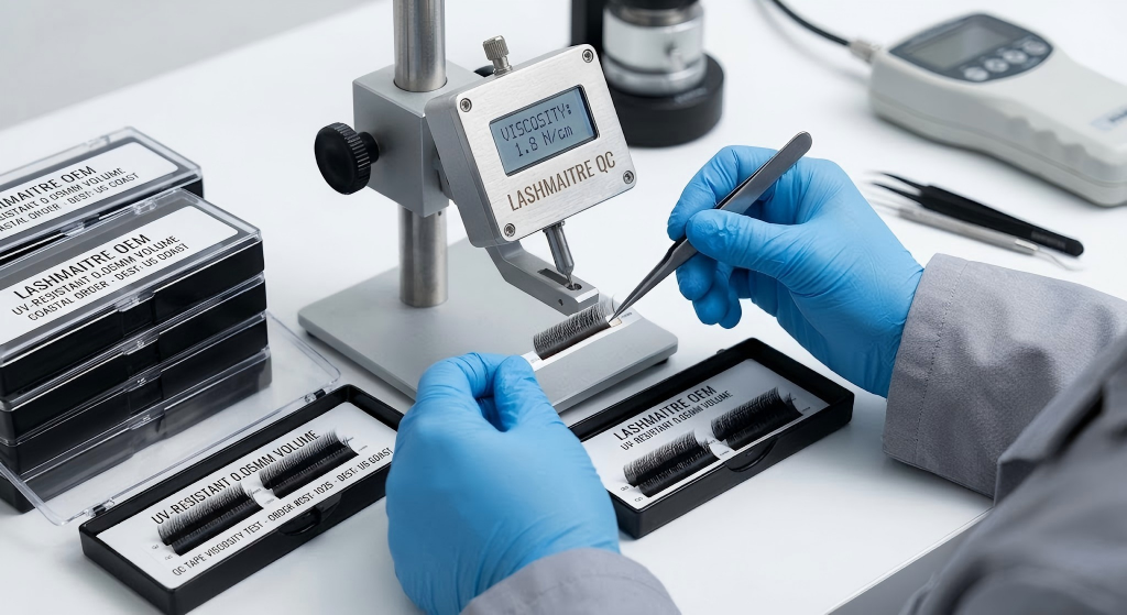 A close-up of a skilled B2B factory technician wearing blue gloves, using precision tweezers to isolate and meticulously inspect individual UV-resistant 0.05mm volume lashes on a production strip destined for premium private-label eyelash extensions Carlsbad brands.