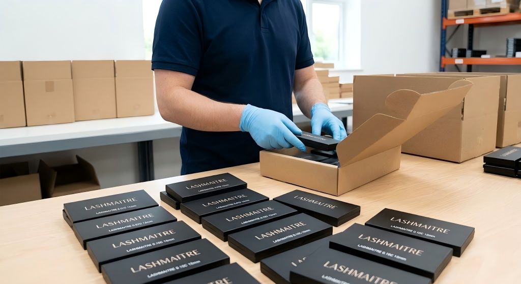 A professional quality control worker in a clean fulfillment center inspecting and packing rows of minimalist, text-only branded LASHMAITRE private label trays for premium eyelash extensions carson city nv wholesale orders.