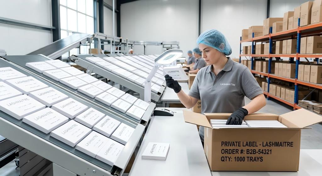 Quality control technician meticulously inspecting and boxing rows of custom, minimalist text-only branded private label lash trays for a bulk B2B wholesale order of premium eyelash extensions eau claire wi supplies.