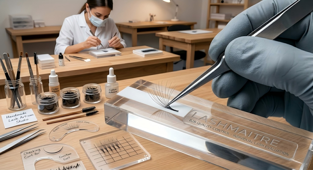 A gloved quality control specialist meticulously packing rows of minimalist, text-only private label lash trays, ensuring premium wholesale supplies for high-end salons offering eyelash extensions buford ga.