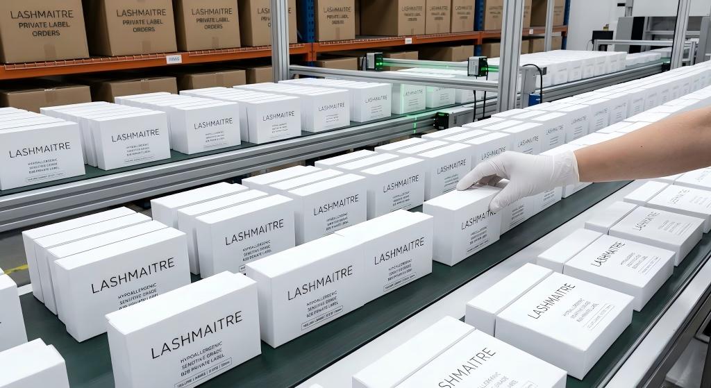 Rows of minimalist, text-only private label packaging for LASHMAITRE hypoallergenic sensitive eyelash extensions, designed for professional salons providing premium services, including clients inquiring about safe eyelash extensions during pregnancy, shown on a production line.