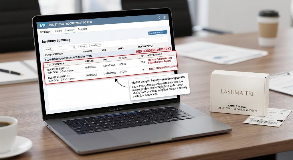 A laptop screen displaying an ERP dashboard with red alerts for stagnant overseas lash inventory next to a LASHMAITRE JIT sample box.