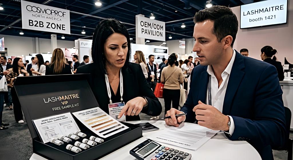 An intense negotiation captured at the Cosmoprof North America B2B exhibition, showing a regional procurement director finalizing a high-value OEM contract after unboxing a LASHMAITRE VIP Free Sample Kit focused on micro-length polymers and medical-grade foil tape.