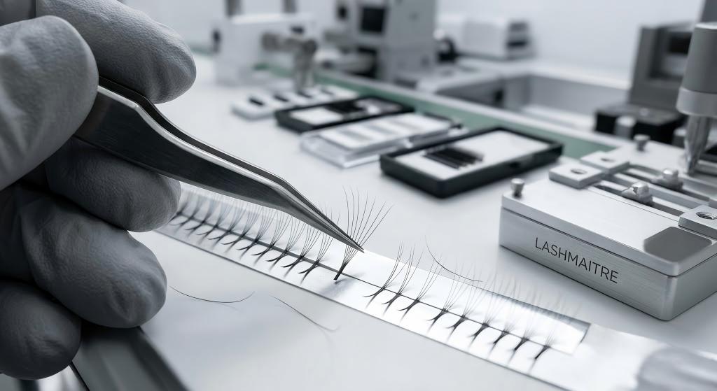 Macro photography of a LASHMAITRE factory worker using professional isolation tweezers to test the smooth fanning capability of 0.07mm individual volume fibers on a production line, ensuring flawless quality for eyelash extensions eau claire wi.