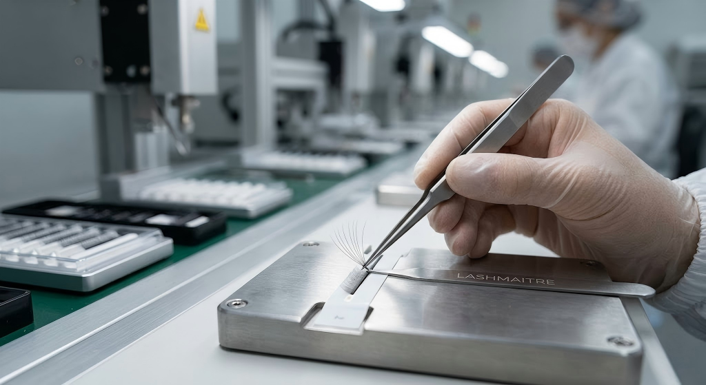 Macro photography of a LASHMAITRE factory worker using professional isolation tweezers to test the smooth fanning capability of 0.07mm individual volume fibers on a production line, ensuring flawless quality for professional salons offering premium eyelash extensions carson city nv.
