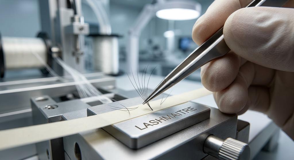 Macro photography of a LASHMAITRE factory worker using professional isolation tweezers to test the fanning capability of 0.07mm individual volume fibers on a B2B production line, ensuring flawless quality for professional salons offering eyelash extensions columbia mo.