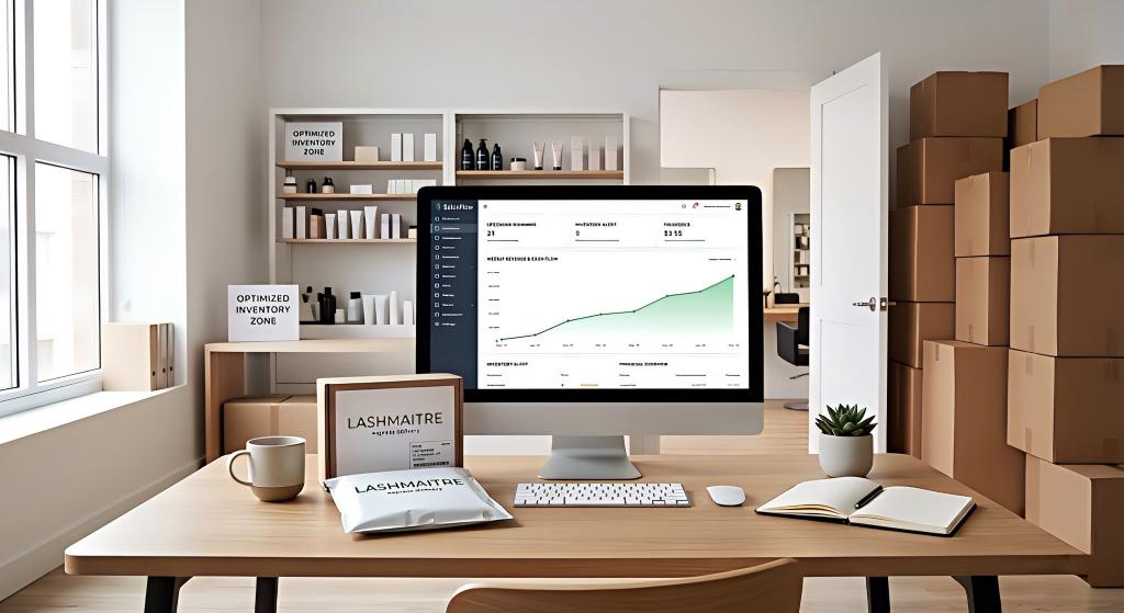 A wide shot of a clean salon owner's back-office desk. Instead of massive stacked cardboard boxes, there is a cup of coffee and a sleek LASHMAITRE express package from Los Angeles. The computer screen displays a healthy, upward-trending cash flow line, demonstrating how efficient inventory management boosts profitability for an eyelash extensions pueblo business.