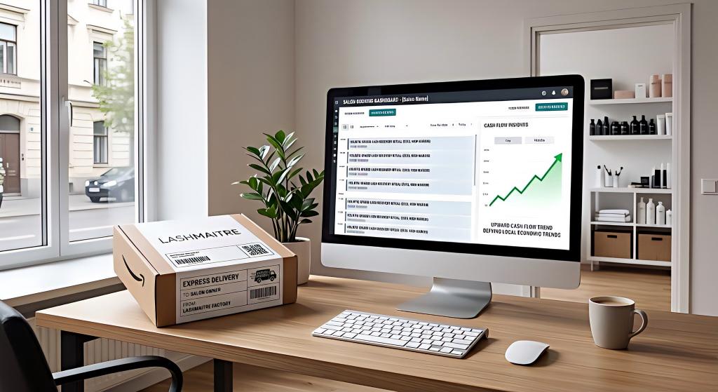 A wide, realistic photograph of a clean salon owner's back-office desk, free of cluttered boxes. On the desk is a single sleek LASHMAITRE express delivery package. A computer monitor displays booking software with every appointment slot filled with the specialized "Holistic Sparse Lash Recovery Ritual," using eyelash extensions for sparse lashes, next to an upward-trending cash flow graph.