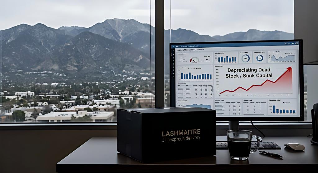 A slightly underexposed, authentic office desk photo overlooking the San Gabriel mountains near Rancho Cucamonga. The monitor shows a red spiking trendline for 'Depreciating Dead Stock / Sunk Capital,' juxtaposed against a sleek LASHMAITRE JIT box, showcasing efficient logistics for **eeyelash extensions rancho cucamonga** businesses.